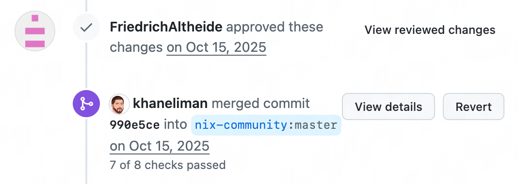 GitHub timeline comment from contributor wra-bradshaw (December 17, 2025) linking to nix-community/home-manager#7913. The comment announces that the Home Manager PR has merged and says users can now enable Colima with services.colima.enable = true, ending with a smiley. The comment has two 🎉 reactions.